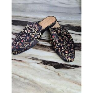 Pure Navy Floral Brocade Mules Black Gold Red Pointed Toe Slides Spain Size 40